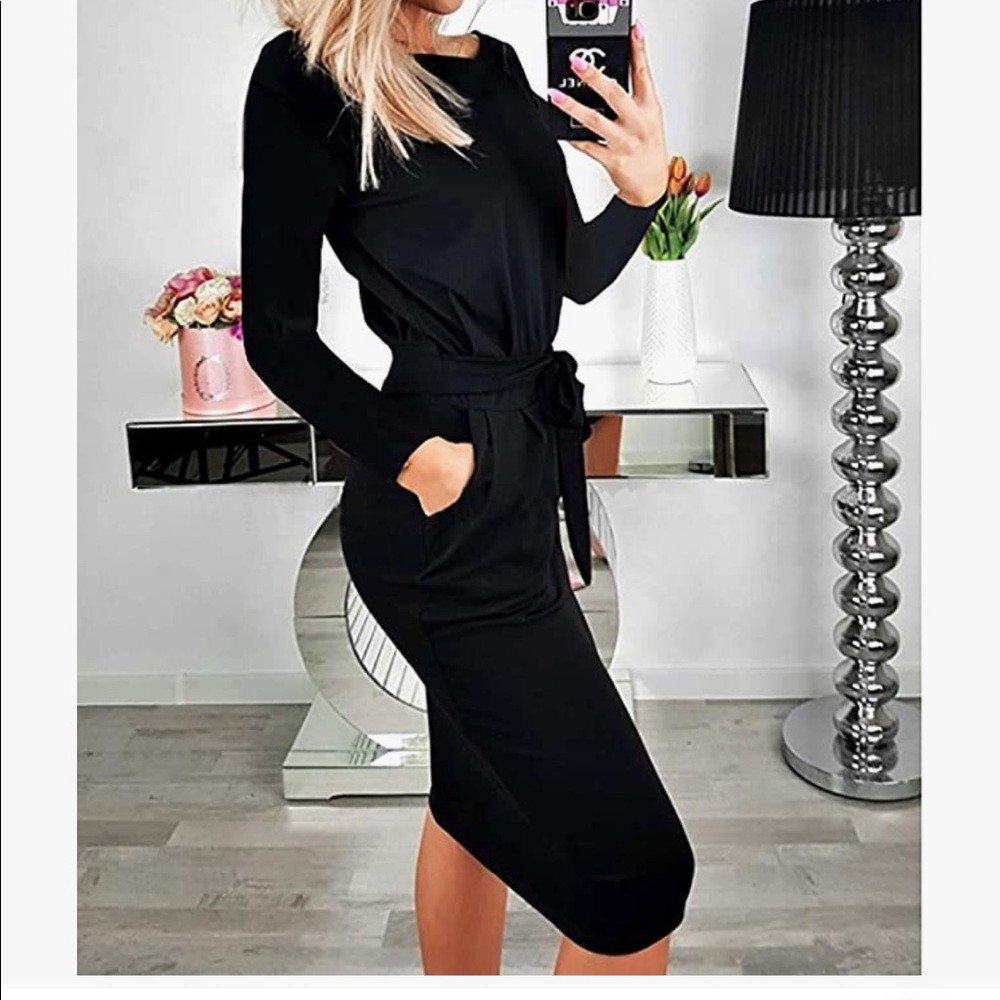 Amazon Long Sleeve Sheath Belted Dress w/ Pockets
